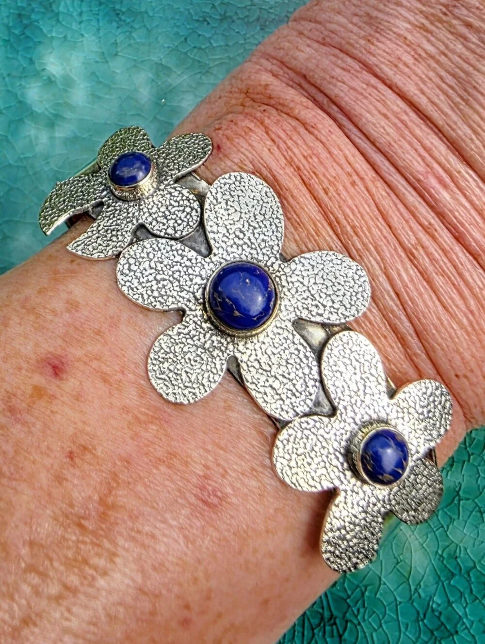 Lapis Lazuli Gemstone Cuff Bracelet In 925 Sterling Silver (Adjustable)